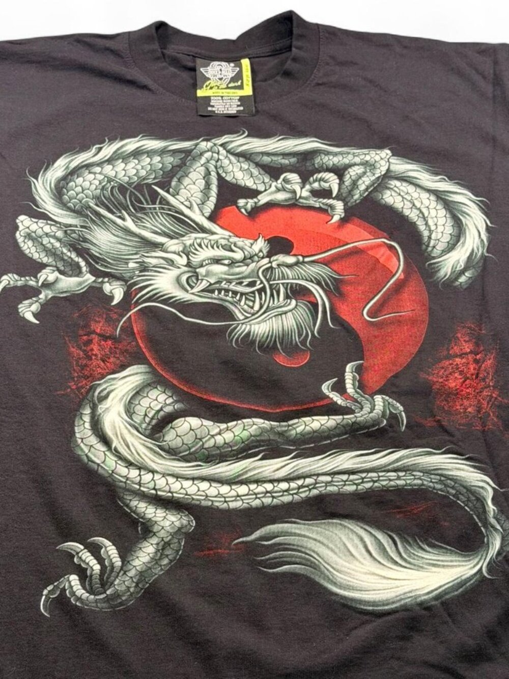 Vintage 90s Y2K Rock Eagle Chinese Dragon Yin Yang Black Single Stitch Tee XL
